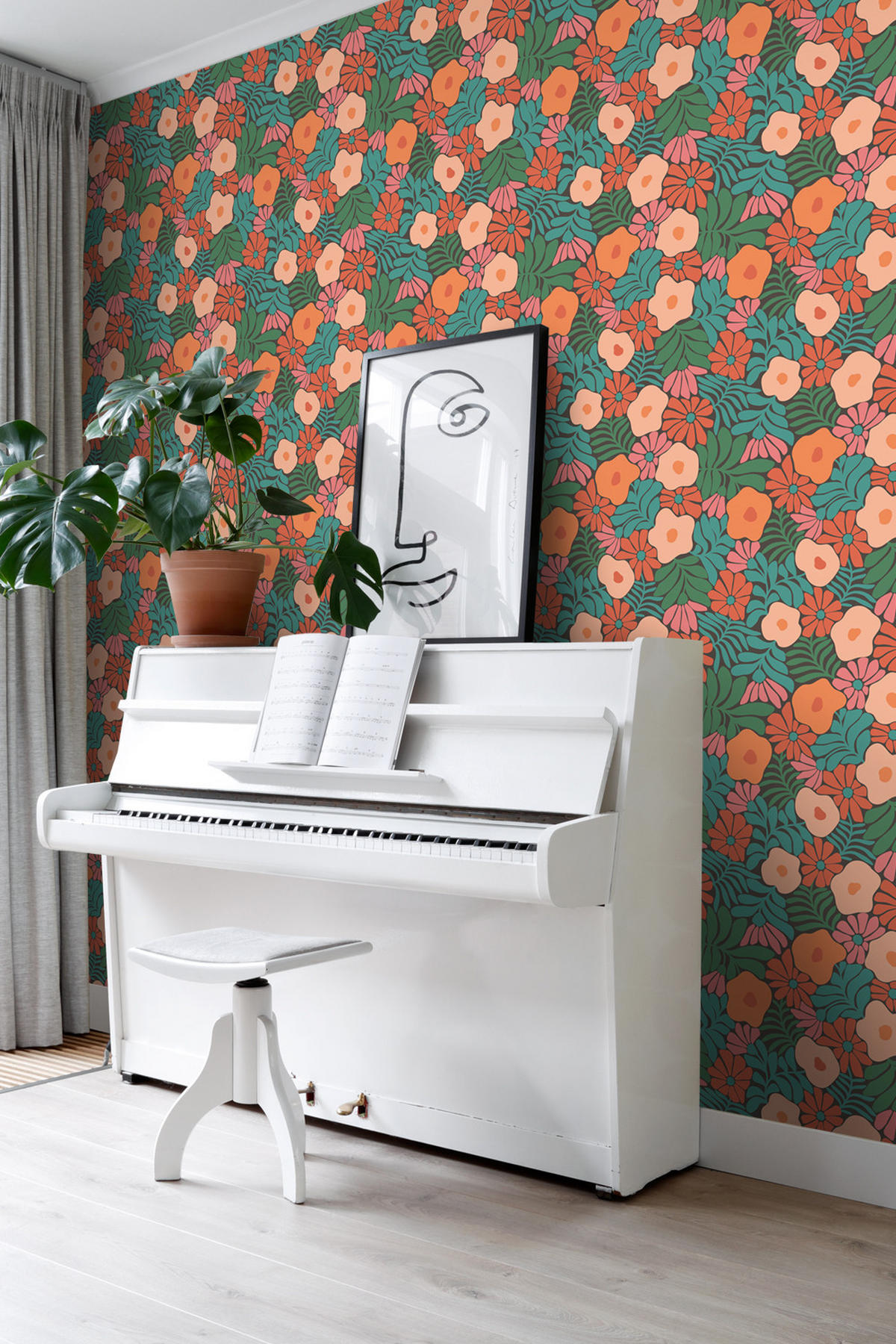 TAPETE Blumen im Matisse-Stil 53 cm x 10.05 m - Orange, Papier (53/1000cm) - ESTAhome