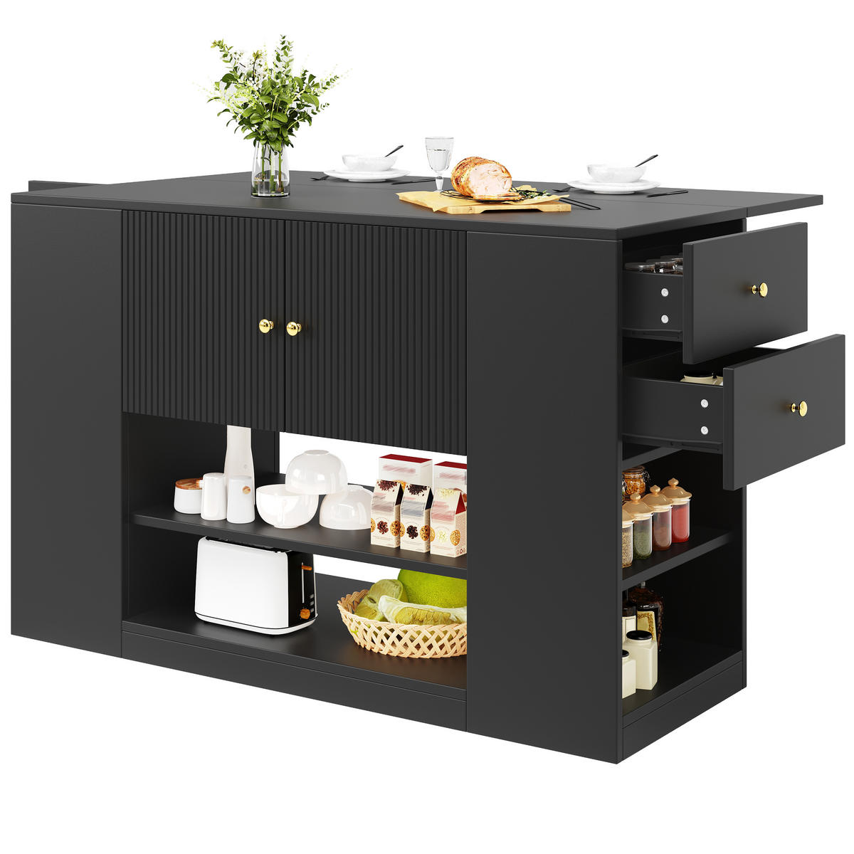 KÜCHENINSEL Küchenschrank Schubladen Regale Schwarz Modern - Schwarz, Holzwerkstoff (140/90/40cm) - FLIEKS