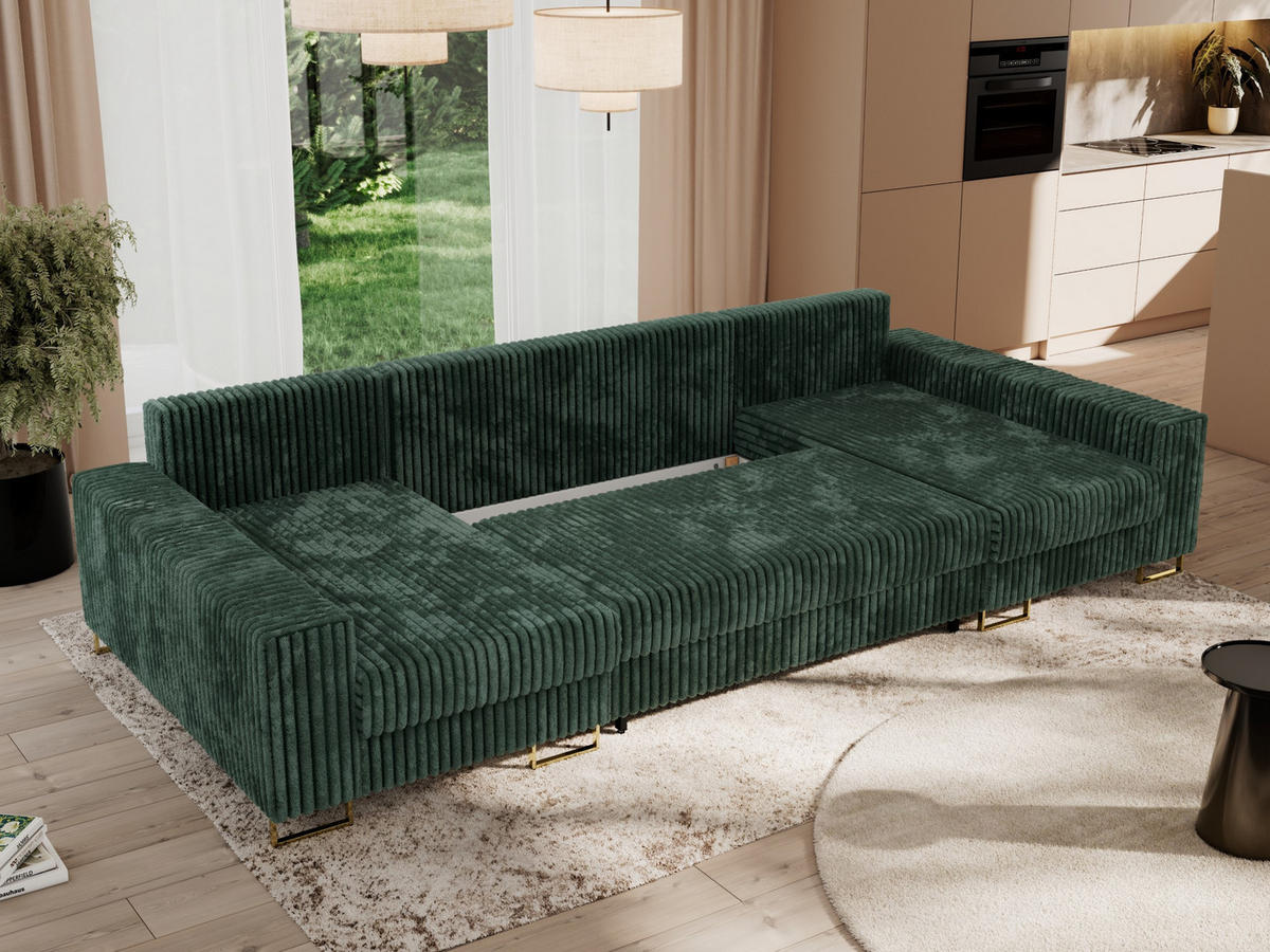 WOHNLANDSCHAFT DORIAN U Cord Grün - Goldfarben/Grün, Textil/Metall (312/95/138cm) - MKS