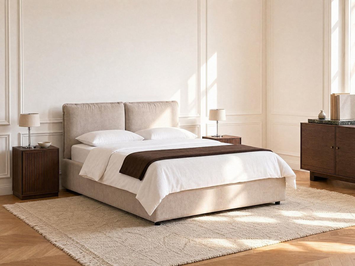 BETT mit Bettkasten - 2 Personen - Stoff - Beige - - Beige, Textil (160/200cm) - Vente-Unique
