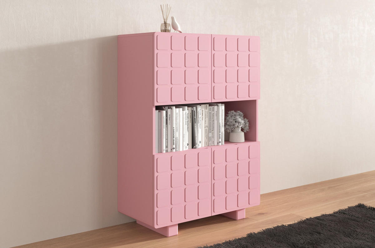 HIGHBOARD Cubo Long, Geometrische 3D Fronten, 85 x 120 cm, Rosa - Hellrosa, Holz/Holzwerkstoff (84.3/120/41.8cm) - Skandica