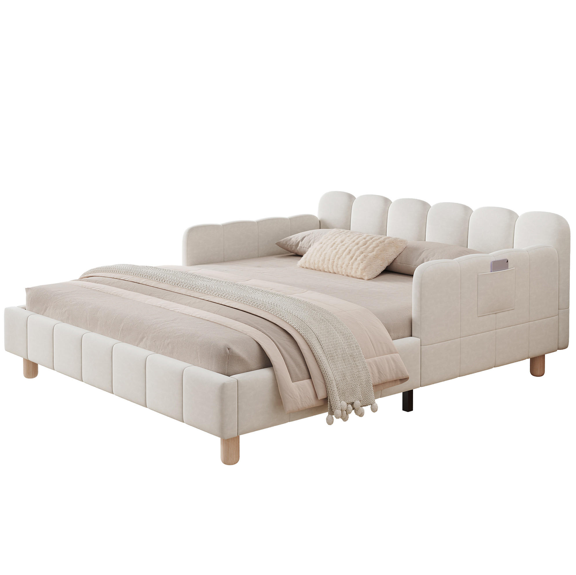 KINDERBETT 140/200 cm aus Samt mit gepolstertem Kopfteil, flexiblem Rausfallschutz und Taschen, Beige - Beige, Textil (140/200cm) - Redom