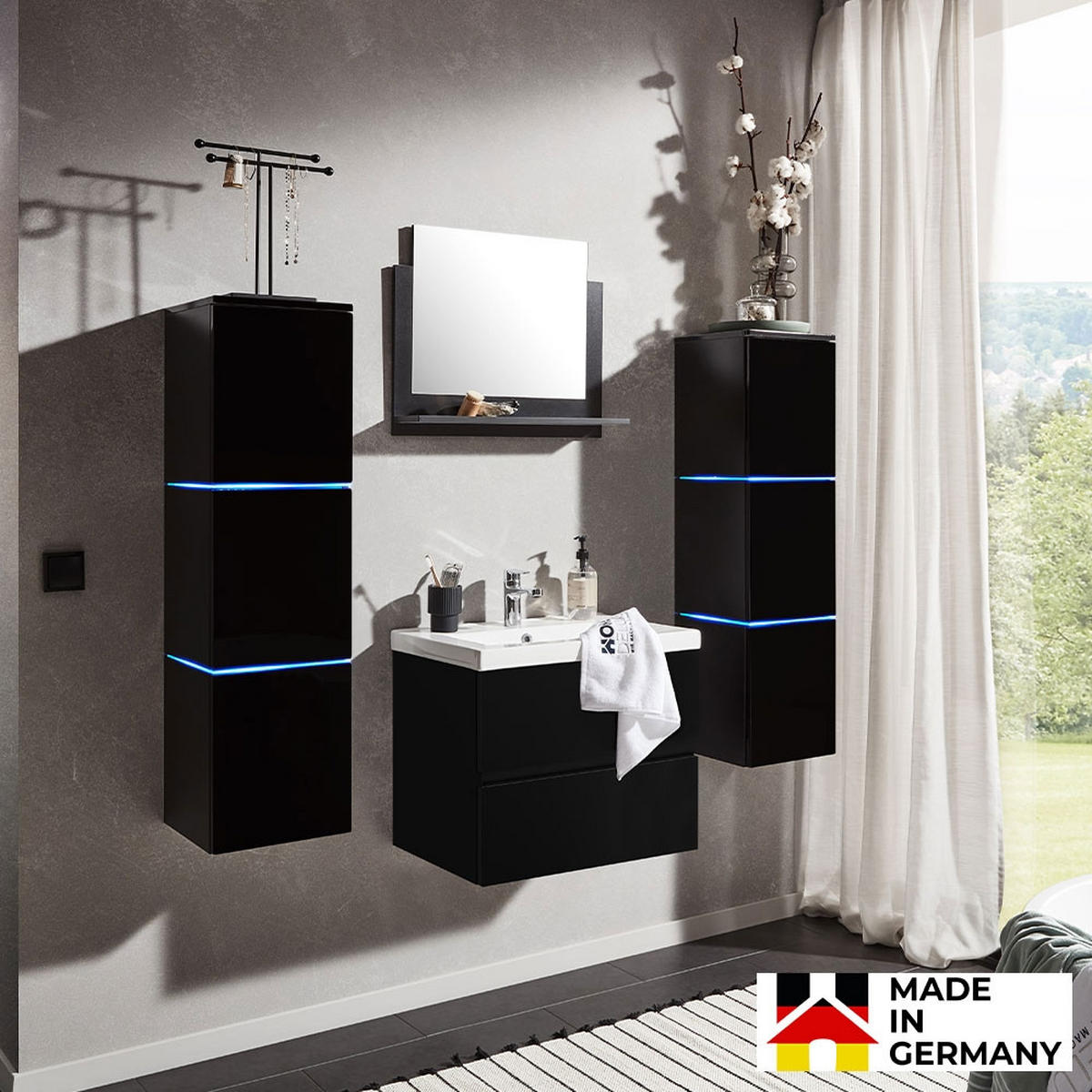 BADMÖBEL Komplettset WANGEROOGE DELUXE XL - Schwarz Made in Germany - Schwarz, Holz/Keramik (110/30/30cm) - Home Deluxe