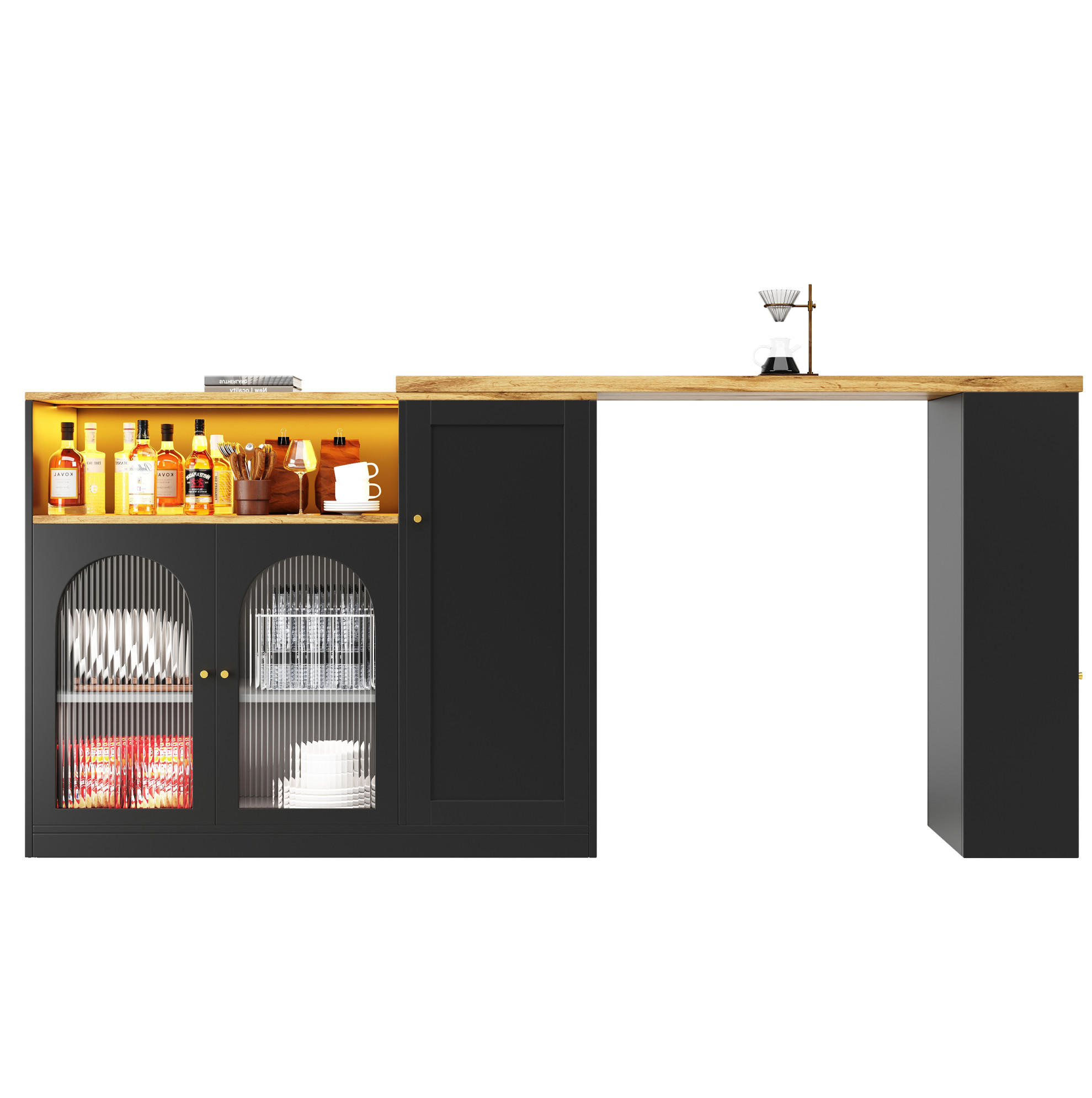 BARTISCH mit Stauraum 197/39,6/100 cm drehbar mit LED und Glasfront - Schwarz, Holzwerkstoff (108/39.6/97cm) - BEAOK