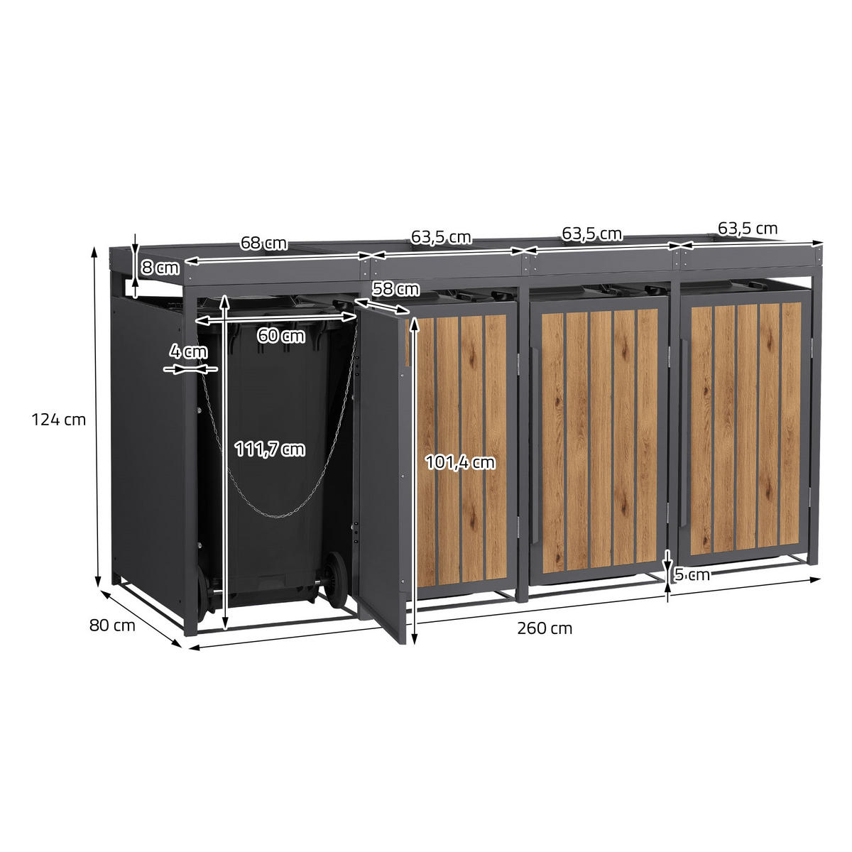 MÜLLTONNENBOX 4er mit Pflanzdach 240L Anthrazit-Holzoptik aus Stahl - Hellbraun, Metall (80/124/260cm) - ML-DESIGN