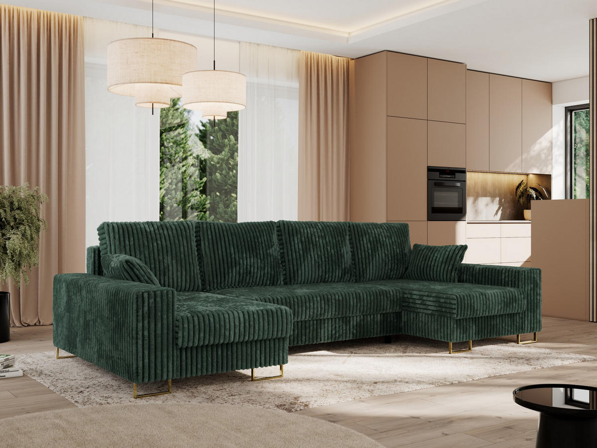 WOHNLANDSCHAFT DORIAN U Cord Grün - Goldfarben/Grün, Textil/Metall (312/95/138cm) - MKS