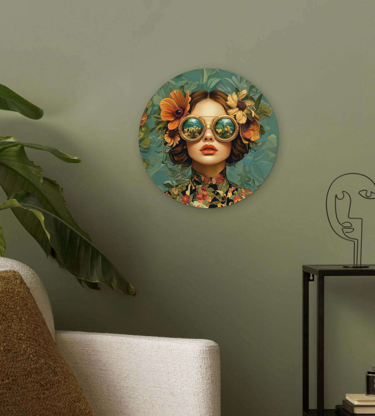 WANDBILD Frau - Blumen - Schmetterlinge - Natur - Vintage 30x30 cm - Petrol, Kunststoff (30/30cm) - MuchoWow