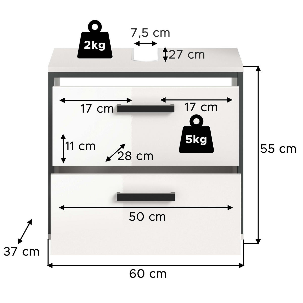 WASCHBECKENUNTERSCHRANK KOJAK (B/H/T: ca. 60/55/37 cm) in weiß/weiß hochglanz - Weiß, Holzwerkstoff (60/55/37cm)