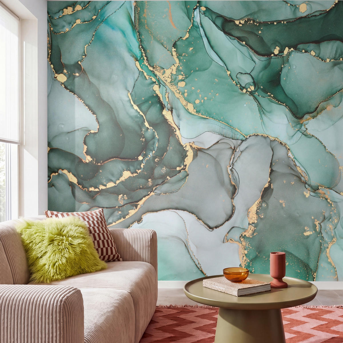 TAPETE - Gold - Marmor - Grün - Luxus - Marmoroptik - Grau - 280x300 cm - Grün, Papier (280/300cm) - OnlyWow