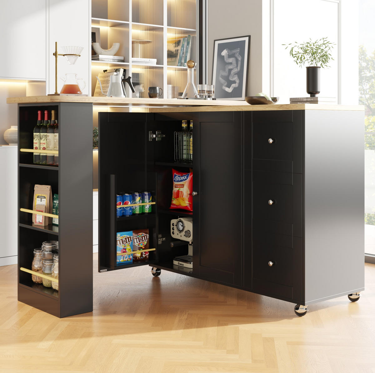 KÜCHENINSEL 203/39/106 cm schwarz mit 360°-Drehfunktion und Rollen - Schwarz, Holzwerkstoff (203/106/39cm) - OKWISH