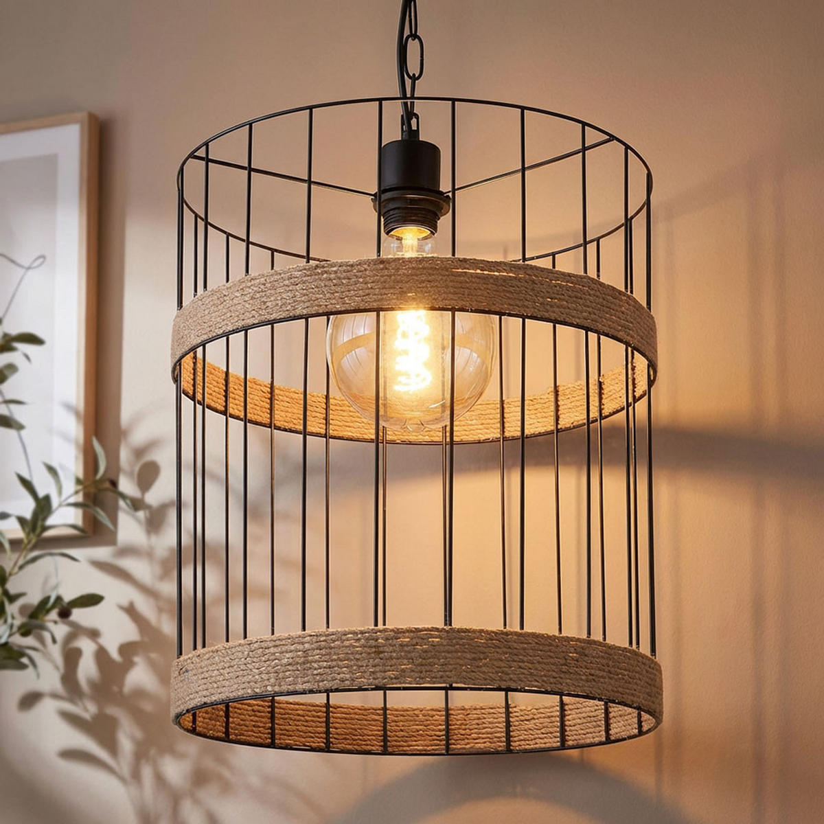 HÄNGELEUCHTE Gitteroptik Schwarz Hanfseil - Schwarz, Metall (35/35/145cm) - Globo Lighting