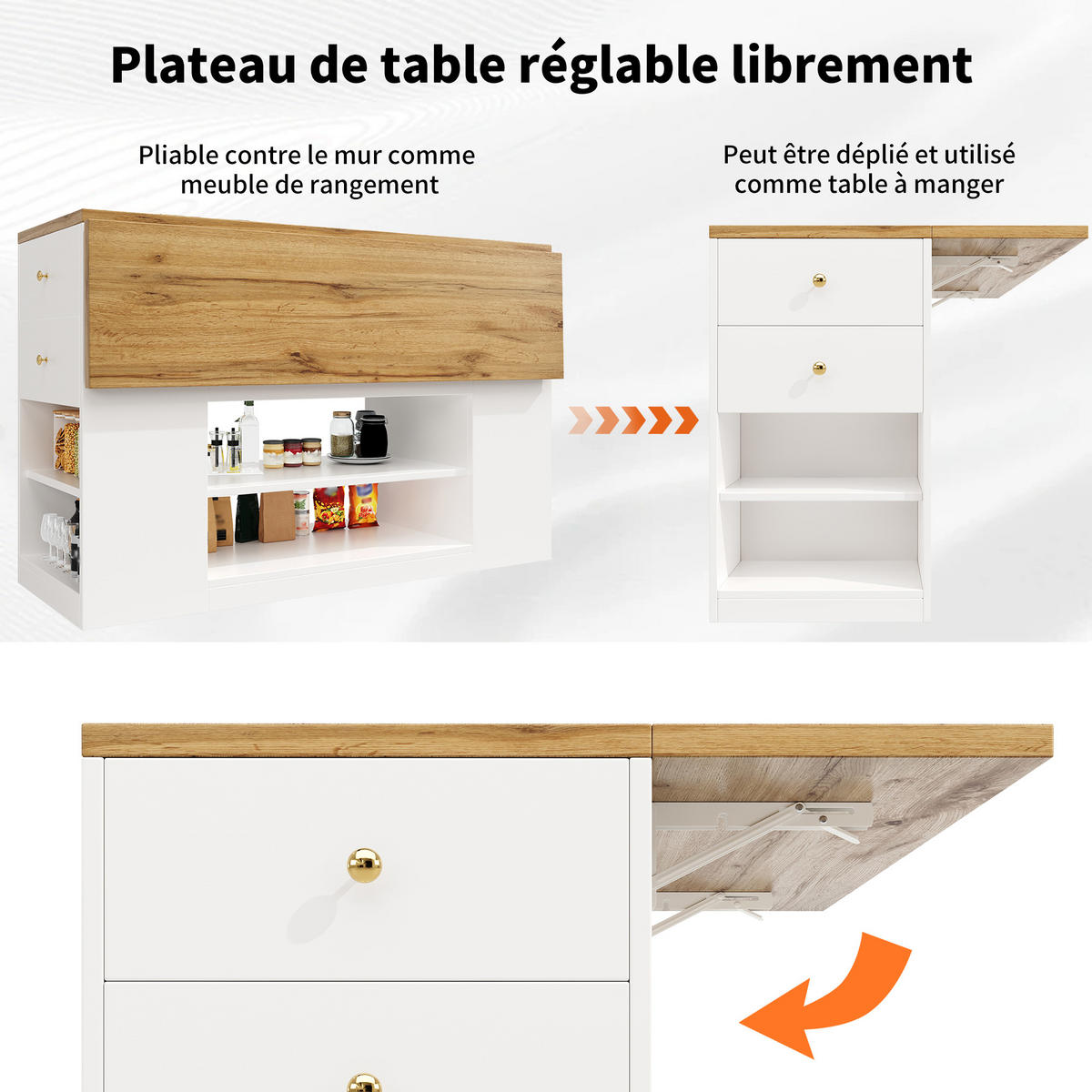 KÜCHENINSEL Klappbar mit Schubladen und Regalen, MDF/Metall Weiß, Esszimmer, 140/40/90 cm - Weiß, Kunststoff (40/90/140cm) - Rolipo