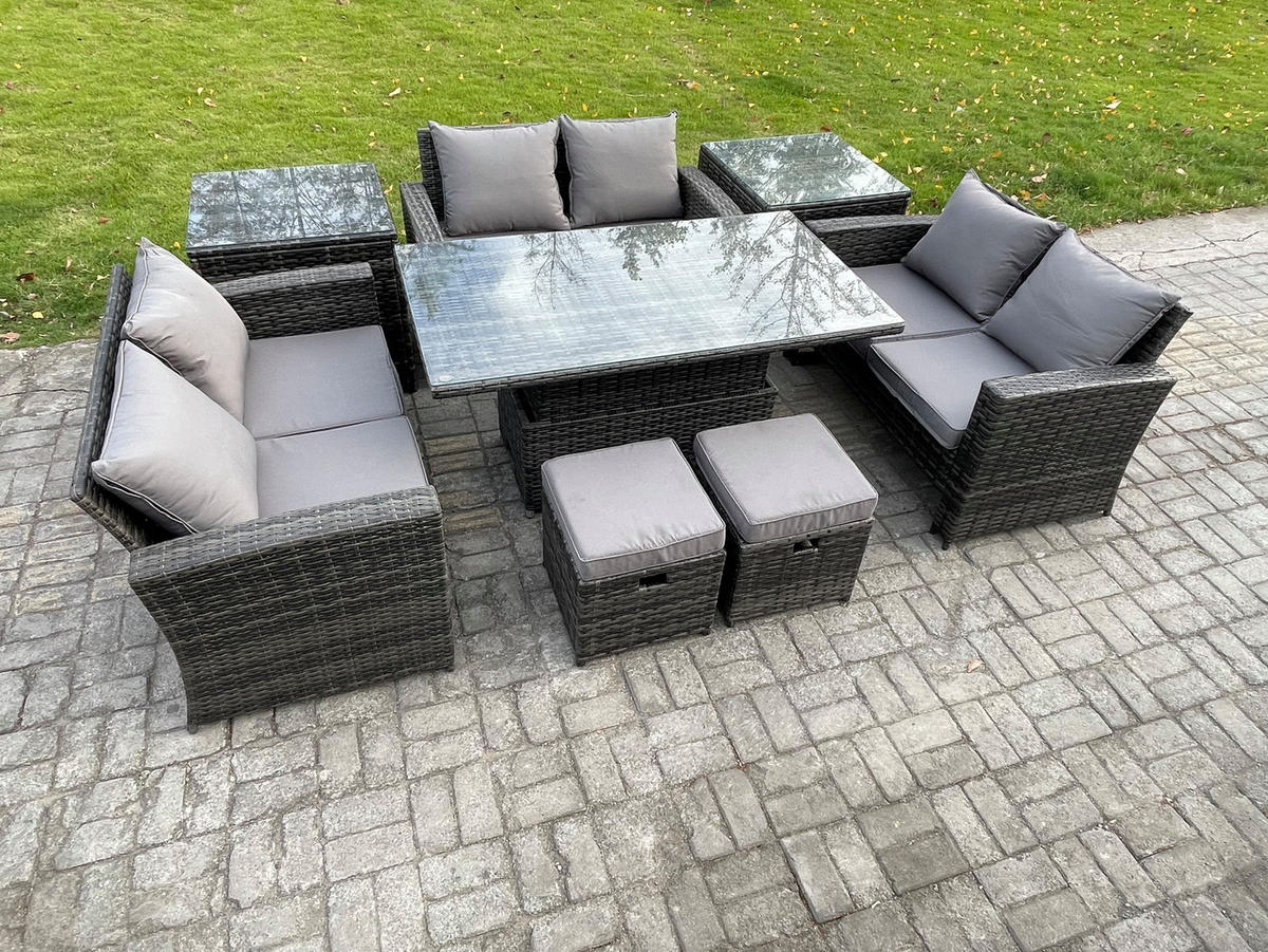 GARTENMÖBEL Set Polyrattan Dunkelgrau 8-Sitzer - Dunkelgrau, Metall - Fimous