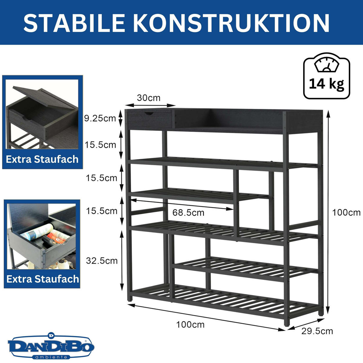 SCHUHREGAL 6 Etagen Metall Schwarz 100/29/100 cm - Schwarz, Metall (100/100/30cm) - DanDiBo