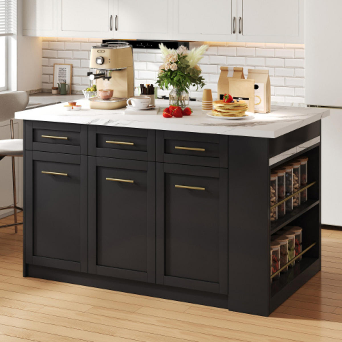 KÜCHENINSEL Schwarz-Weiß aus MDF mit integriertem ausziehbarem Esstisch 150 × 90 × 90 cm - Schwarz, Holzwerkstoff (150/90/90cm) - Luhomfu