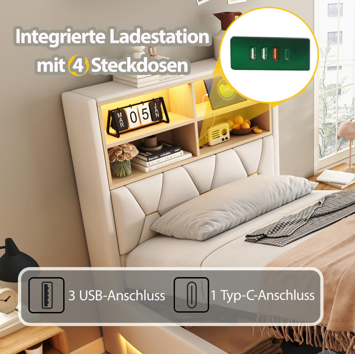 KINDERBETT 90/200 cm Beige aus Leinen und Metall mit LED-Beleuchtung und Stauraum - Beige, Metall (90/200cm) - OKMYHOME