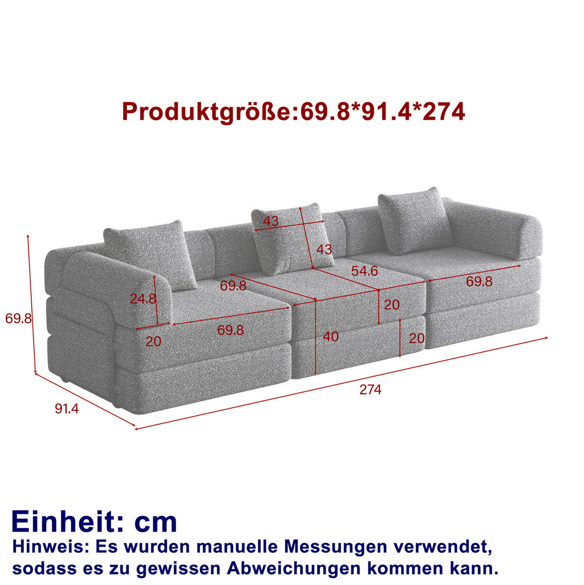 SCHLAFSOFA 2-in-1 Chenille Grey - Grau, Kunststoff (91.4/69.8/274cm) - Meubliv
