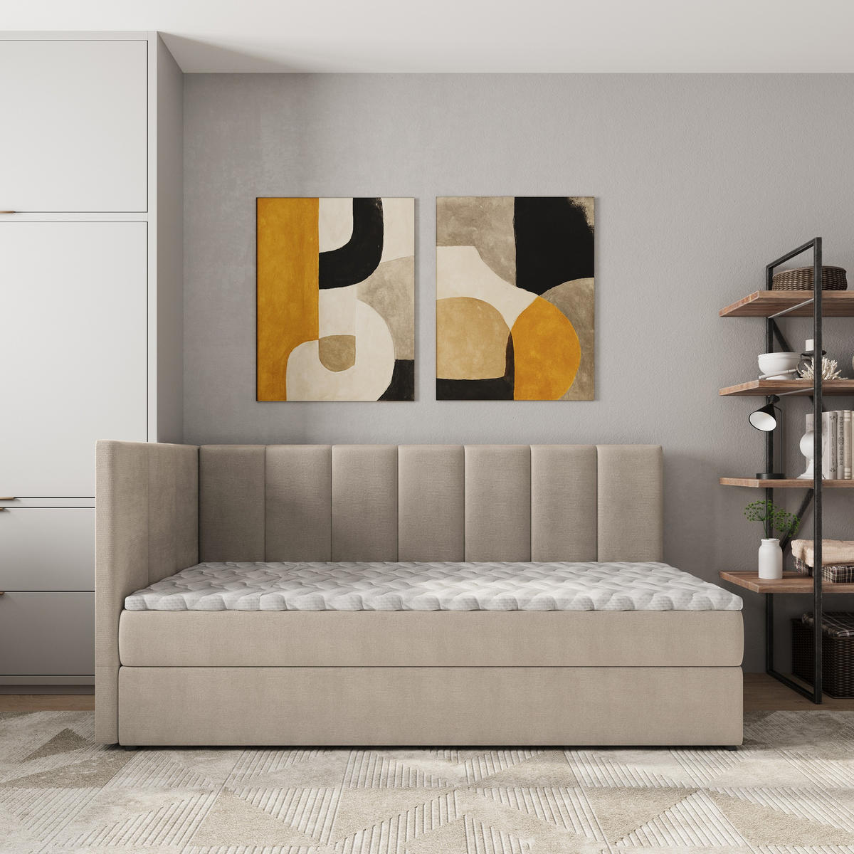 BOXBETT BEVE 80x200 cm mit Matratze und Topper, H2+H3 - Beige - Beige, Holz (80/200cm) - MASSENO