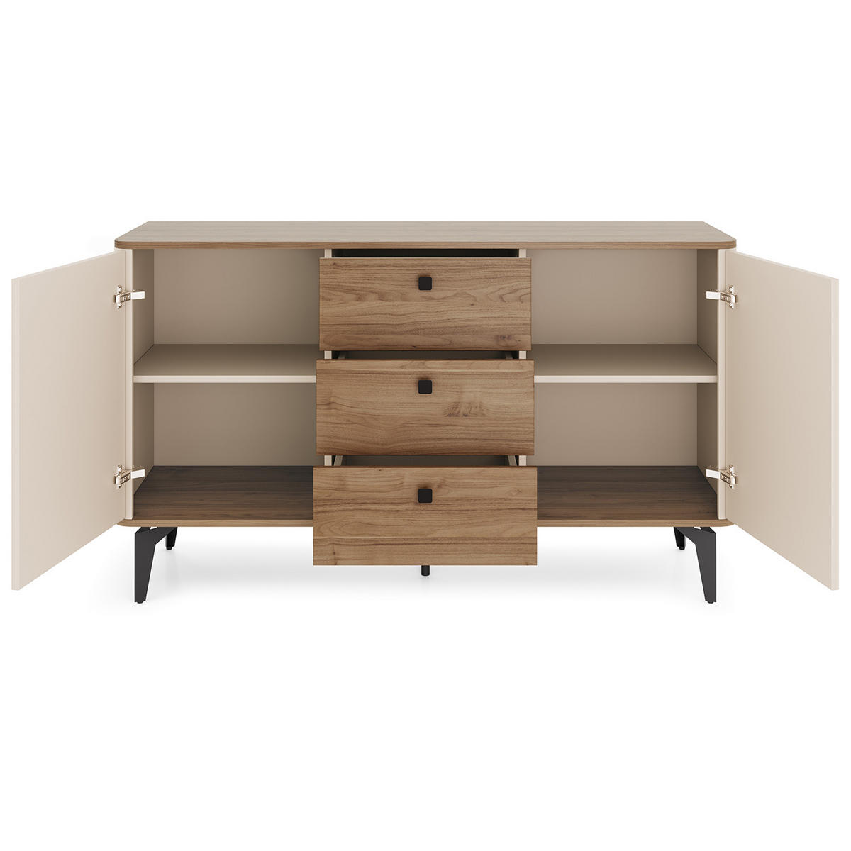 KOMODA Aurora se 2 dveřmi a 3 zásuvkami, kovové nohy, 140 cm, ořech + kašmír - černá/kašmírová, kov/kompozitní dřevo (140/81/40cm) - Beautysofa