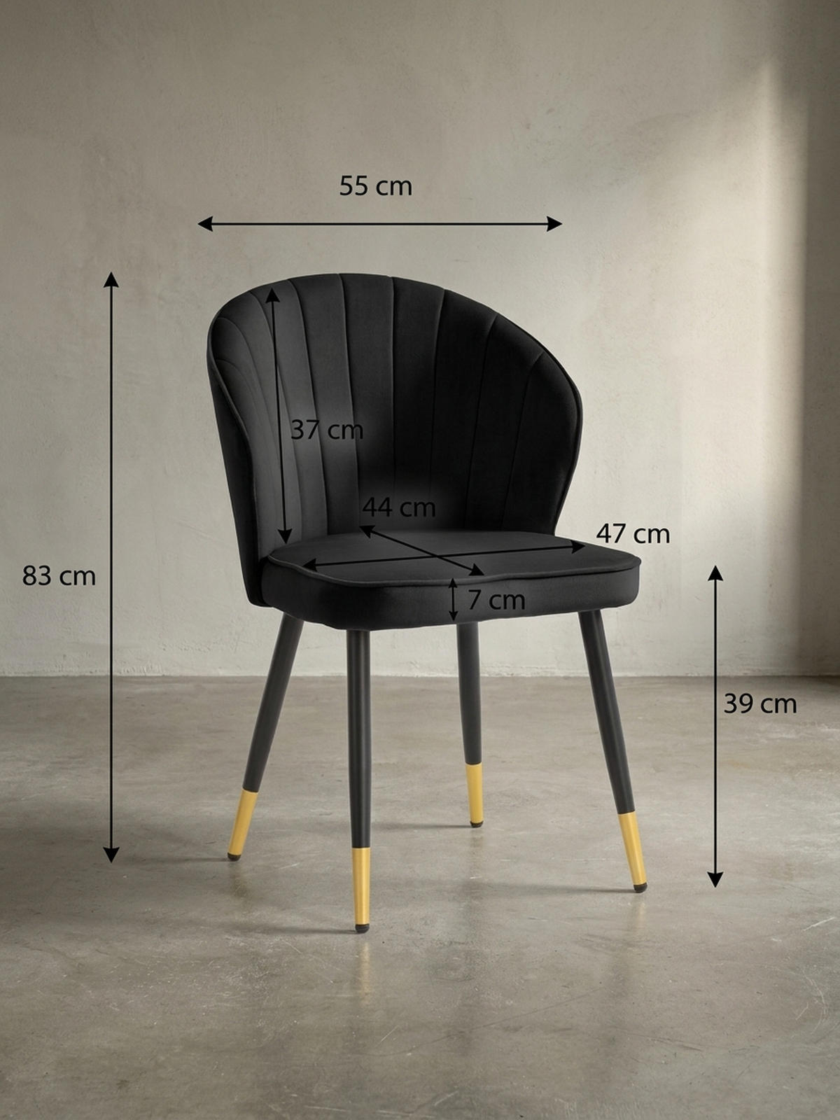 ESSZIMMERSTUHL 2er Set Samtbezug mit Metallgestell Schalenform Skandinavisch gepolstert, Schwarz 53x55x83 cm - Goldfarben/Schwarz, Textil/Metall (53/83/55cm) - KADIMA DESIGN