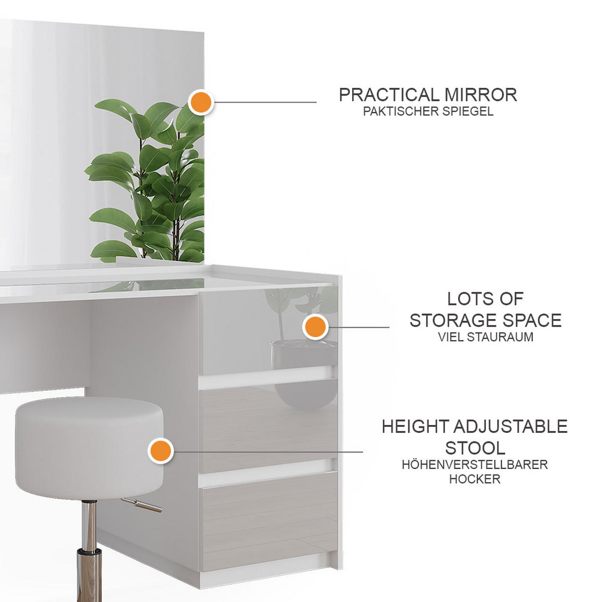 SCHMINKTISCH Marla Weiß Hochglanz 120 cm mit Spiegel und Hocker - Weiß Hochglanz, Holzwerkstoff (120/78.6/60cm) - Vicco