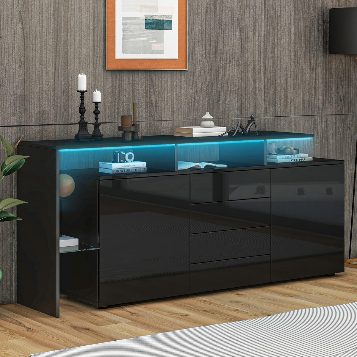 SIDEBOARD Schwarz, mit LED-Beleuchtung, 2 Türen, Schubladen und offenen Fächern, 160/35/70 cm - Schwarz, Holzwerkstoff (160/70/35cm) - WISHDOR
