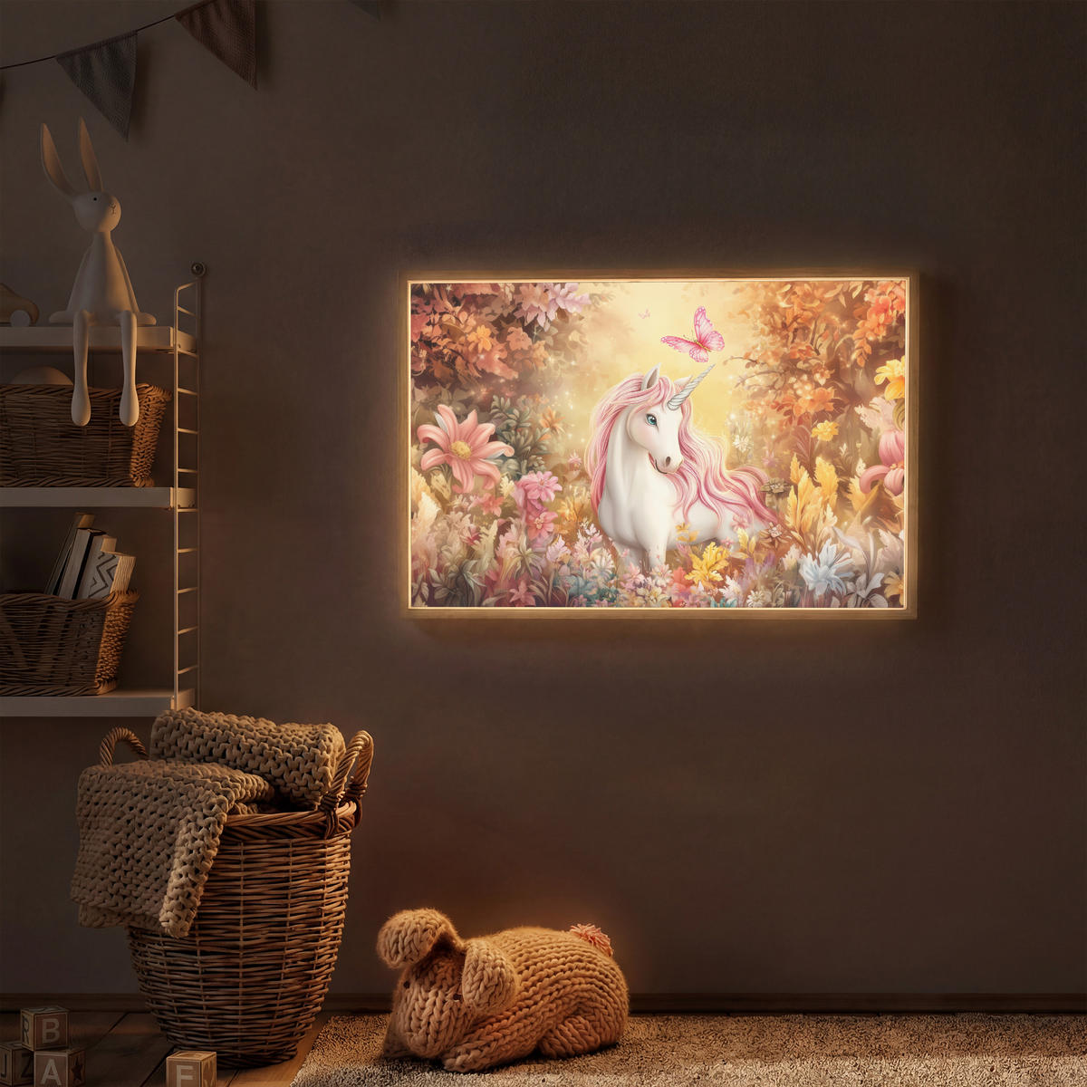 DOBÍJECÍ NOČNÍ LAMPIČKA Jednorožec - Květiny - Motýl - Růžová 100x70 cm - béžová, kompozitní dřevo (8/100/70cm) - OnlyWow