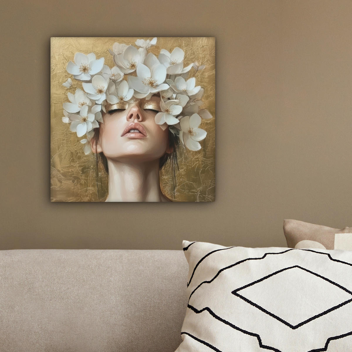 LEINWANDBILD Gesicht - Blumen - Gold - Abstrakt Deko Wohnzimmer 20x20 cm - Goldfarben, Textil (20/20cm) - MuchoWow