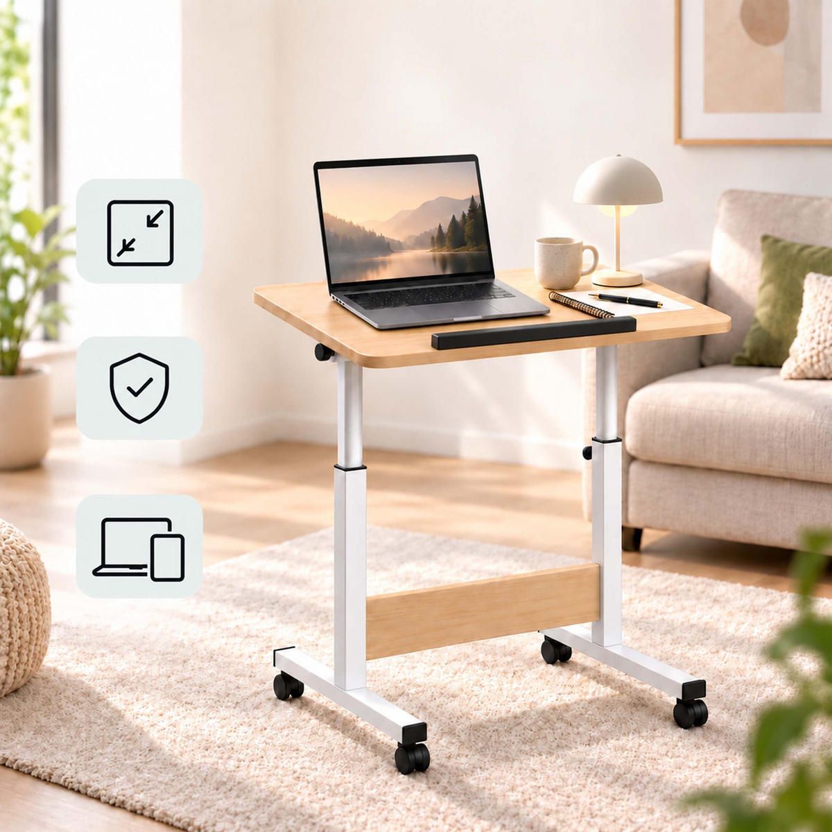 LAPTOPTISCH Weiß höhenverstellbar mit Rollen neigbar 60x40 cm - Weiß, Holzwerkstoff/Kunststoff (40/60/90cm) - Relaxdays