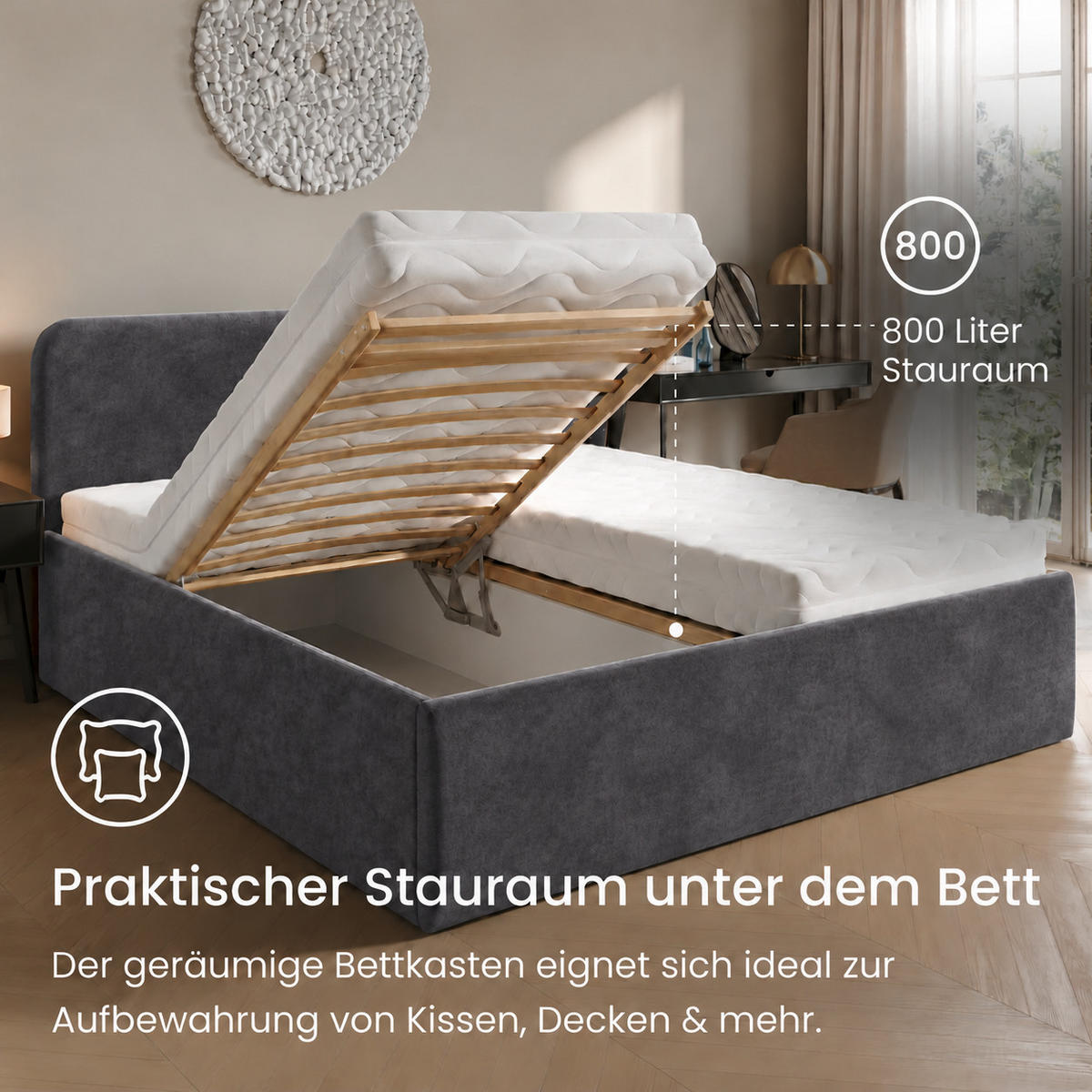 POLSTERBETT 200x200 cm Microvelours in Anthrazit - Anthrazit, Textil (200/200cm) - Home Collective