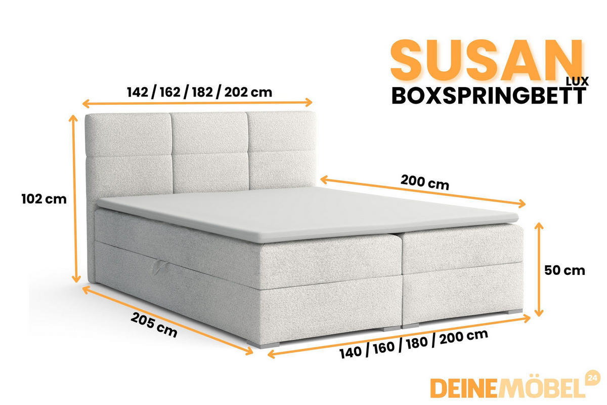BOXBETT SUSAN LUX 200/200 in Boucle Weiß H4 - Weiß, Holz/Holzwerkstoff (200/200cm) - Deine Möbel 24