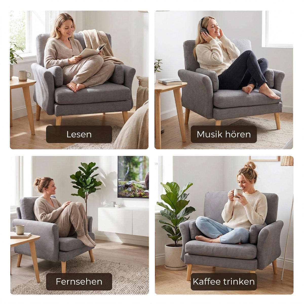 SESSEL Polyester Kautschukholz Dunkelgrau - Dunkelgrau/Naturfarben, Holzwerkstoff/Textil (80/88/103cm) - HOMCOM