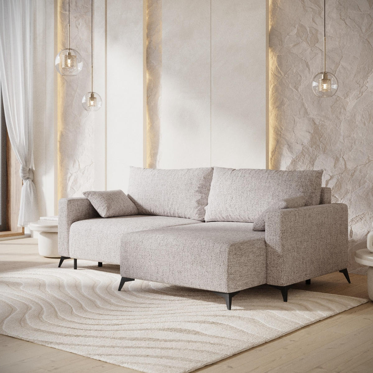 ECKSOFA NUVIO mit Schlaffunktion Beige im Neve Stoff - Beige/Schwarz, Holz/Holzwerkstoff (239/148cm) - AltaBeds