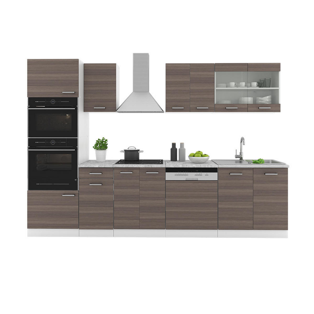 KÜCHENZEILE R-Line Edelgrau/Weiß 300 cm mit Hochschrank, AP Eiche - Braun/Weiß, Holzwerkstoff (300/81.6/60cm) - Vicco