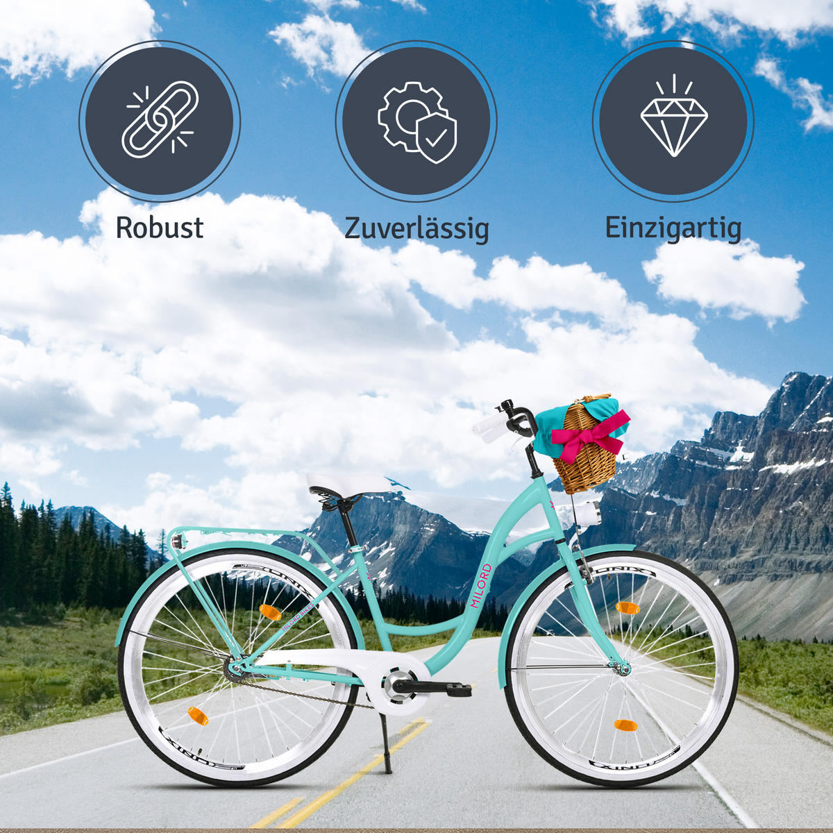 CITY-FAHRRAD Milord mit Weidenkorb, 28 Zoll, Blau, 1-Gang - Blau, Metall (46cm) - Milordbikes