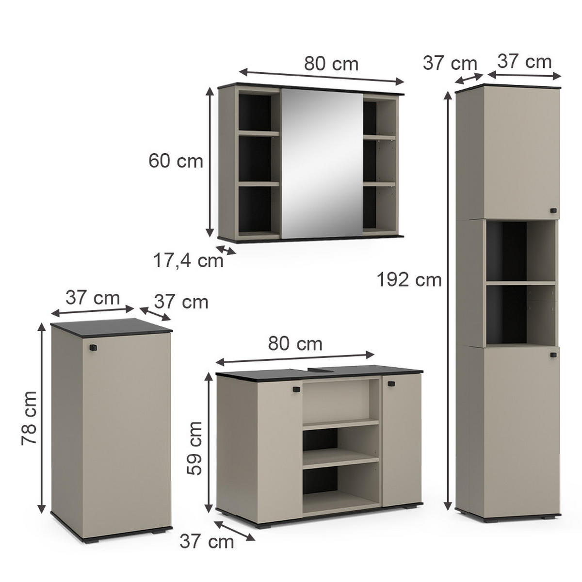 BADMÖBEL-SET Joli Greige 4 Teile, mit Hochschrank und Midischrank - Greige/Schwarz, Holzwerkstoff (80/59/37cm) - Vicco