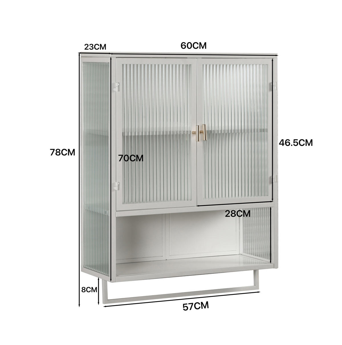 KÜCHENOBERSCHRANK 60x23x78 cm Weiß aus Glas & Metall mit geriffeltem Glas & offenen Ablagen - Weiß, Glas (60/78/23cm) - Modfu
