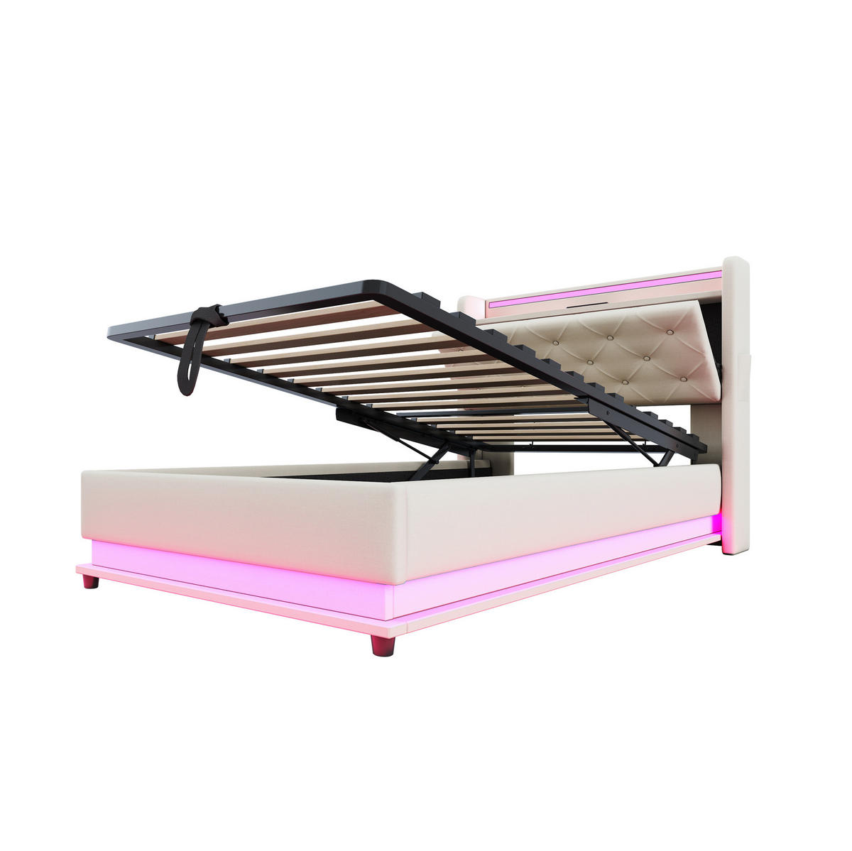 KINDEREINZELBETTEN aus Leinenstoff 90x200 cm in Beige mit LED & USB-Anschlüssen - Beige, Textil (90/200cm) - Modfu