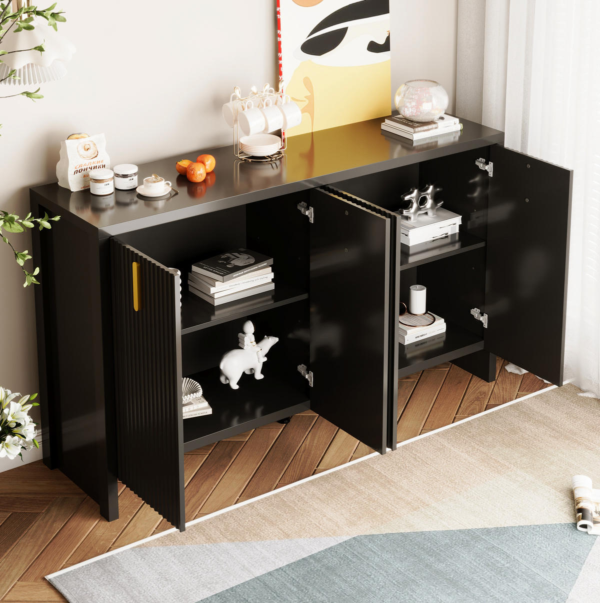 KOMMODE aus Spanplatte 140x38x80cm in Schwarz mit verstellbaren Einlegeböden - Schwarz, Holzwerkstoff (140/80/38cm) - Modfu
