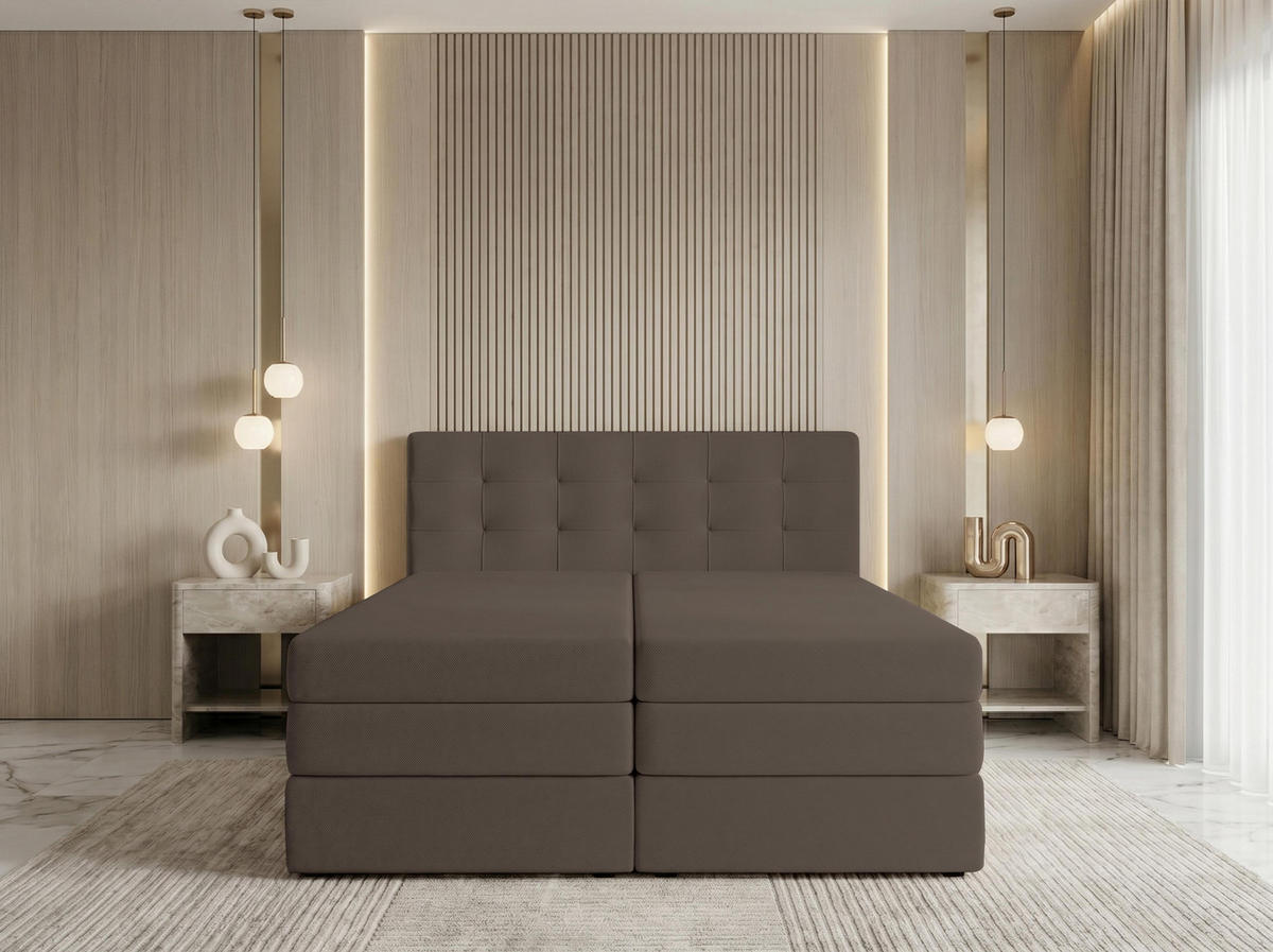 BOXSPRINGBETT FINIKE 160x200 cm mit Bettkasten und 2 Matratzen - Braun + TOPPER - Beige/Schwarz, Holz/Holzwerkstoff (160/200cm) - AX Living