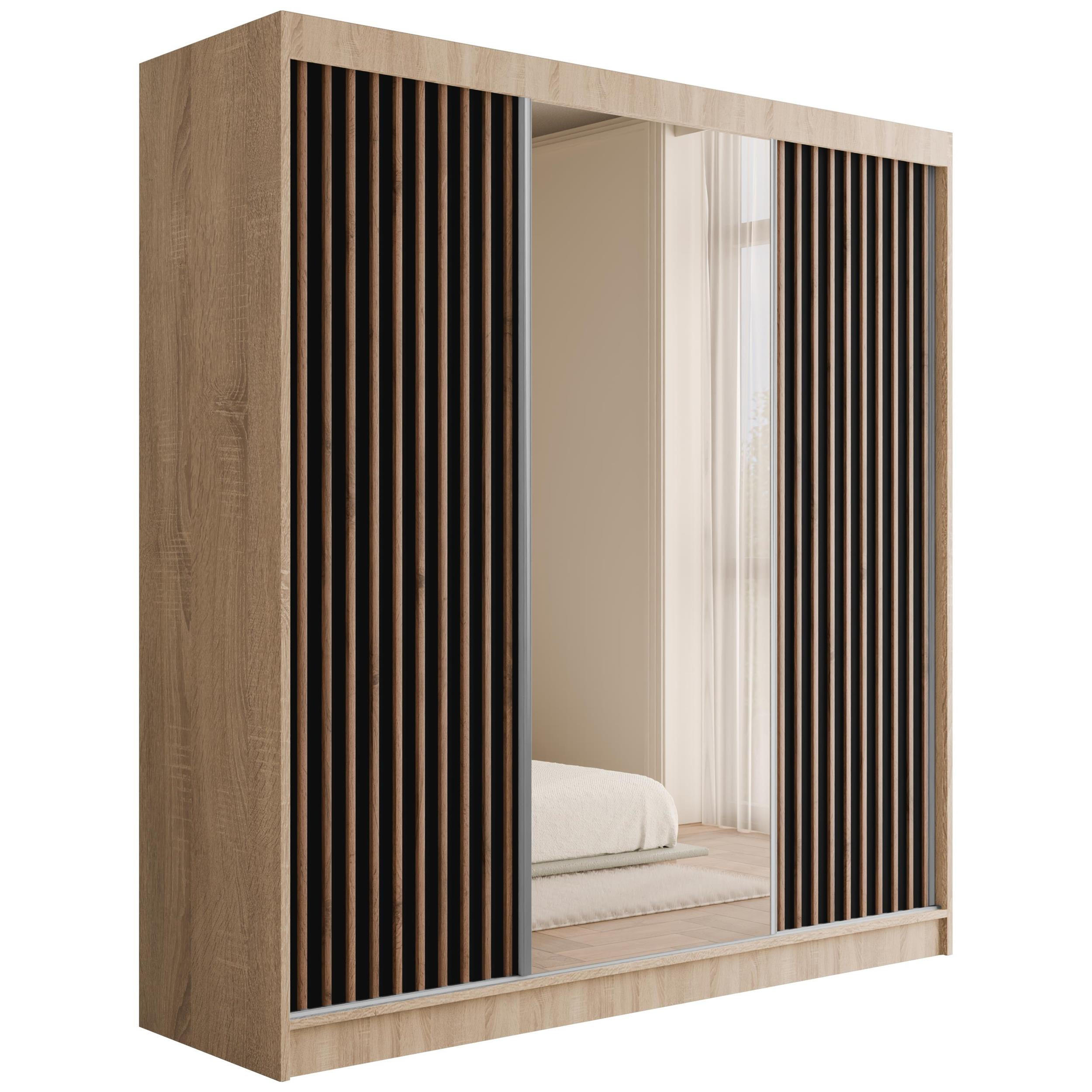 KLEIDERSCHRANK mit Spiegel V2-ZENTI 215x200 cm Sonoma Eiche|Schwarz - Schwarz/Sonoma Eiche, Holzwerkstoff (200/215/61cm) - ALTDECOR
