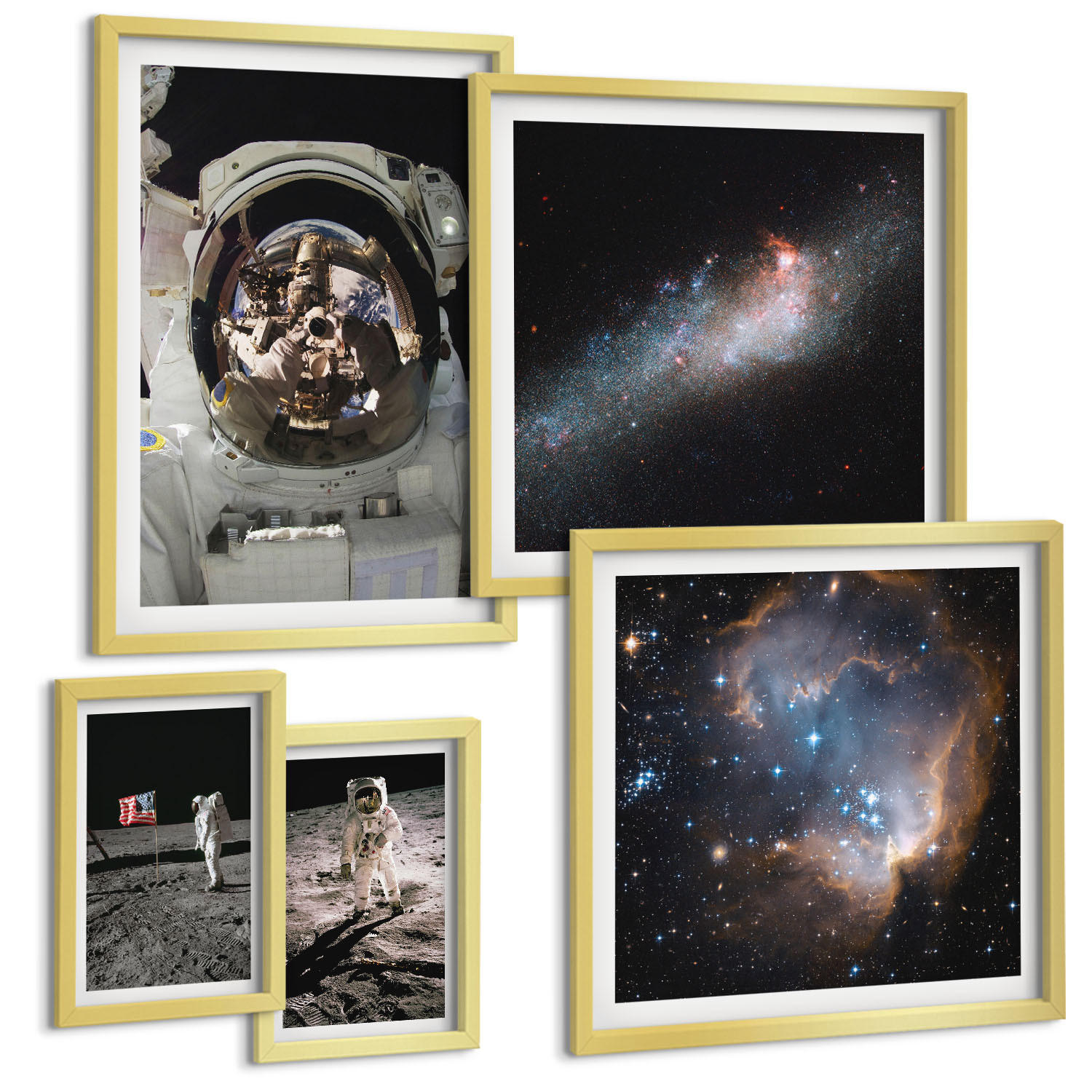 BILDER SET 5er Set - 50x50 cm & 20x30 cm & 40x60 cm Goldrahmen - Astronauten landen auf dem Mond - Goldfarben, Kunststoff (40/60cm) - TULUP