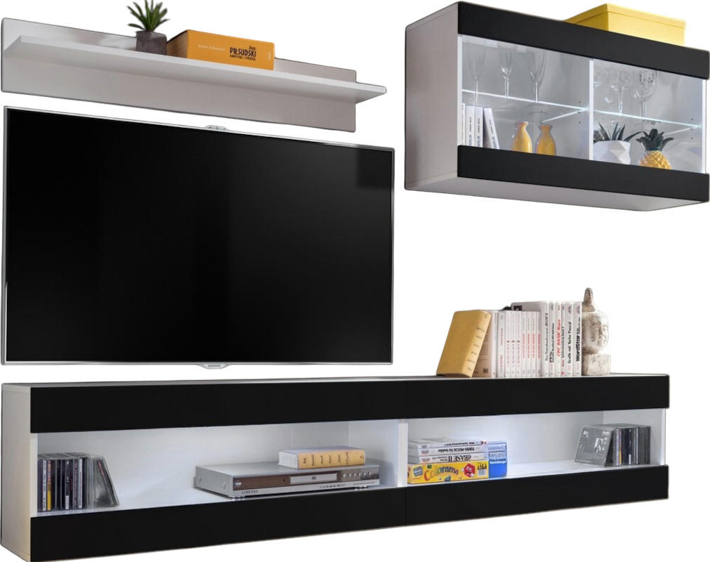 WOHNWAND 4-er Set, TIVOLI SET6 Weiß + Schwarz, Offener Raum - Schwarz, Glas/Holzwerkstoff (240/195/35cm) - Komodee