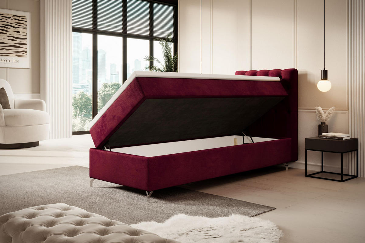 BOXBETT CHESTER mit Matratze H3, Bonell und Topper 90x200 Monolith 59 Rechts - Rot, Textil (90/200cm) - Bedante