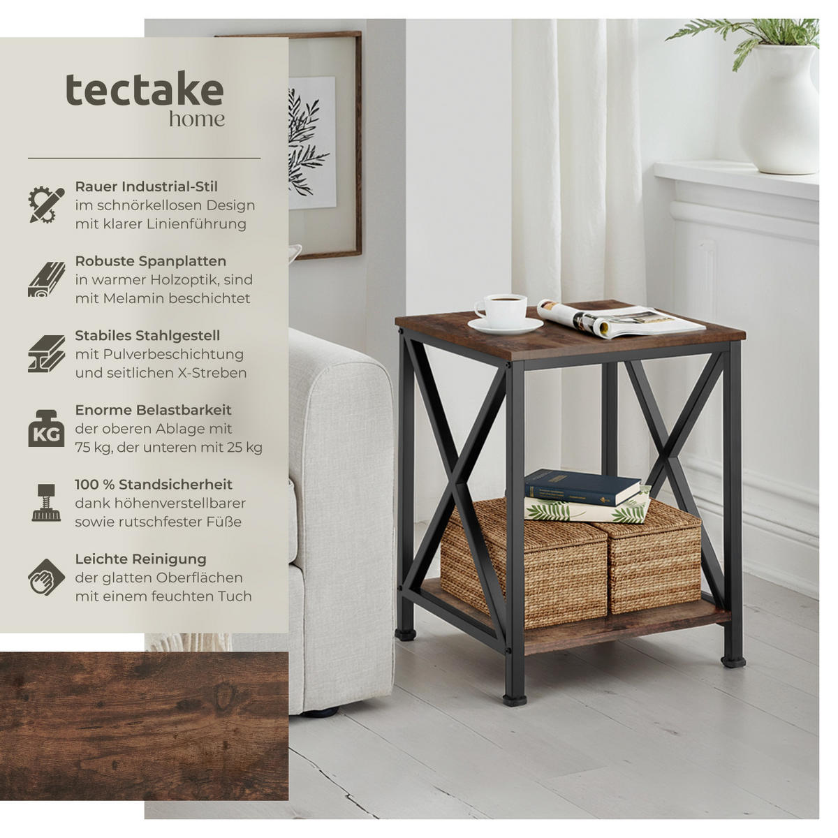 BEISTELLTISCH Carlton,40,5 x 40,5 x 52,5 cm,Industrial Holz dunkel, rustikal - Rostfarben, Holzwerkstoff (40.5/40.5/52.2cm) - tectake