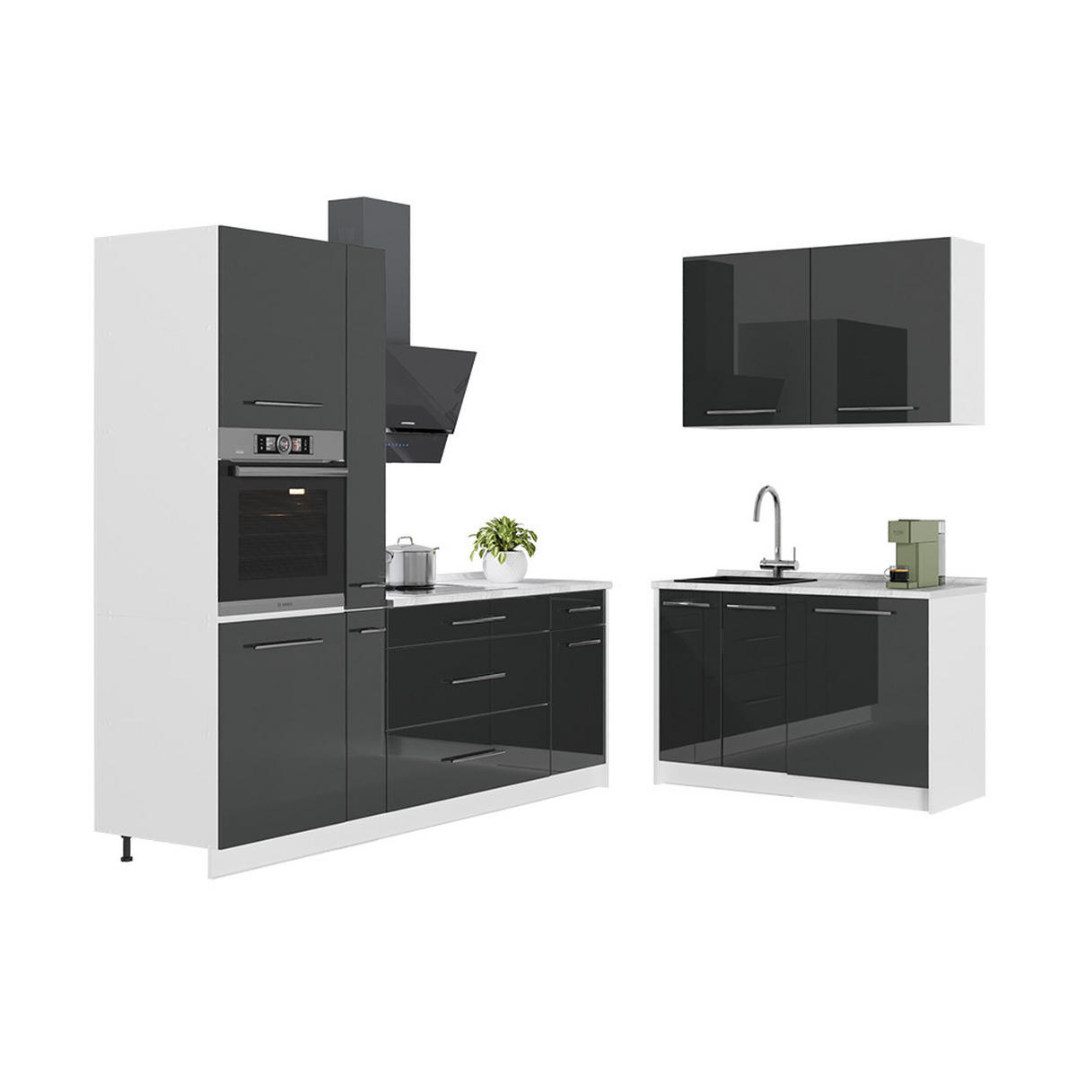 KUCHYNĚ Fame-Line, Antracitový vysoký lesk/Bílá, 220 x 120 cm, PD Mramor - bílá/vysoce lesklá černá, kompozitní dřevo (220/206.8/60cm) - Vicco