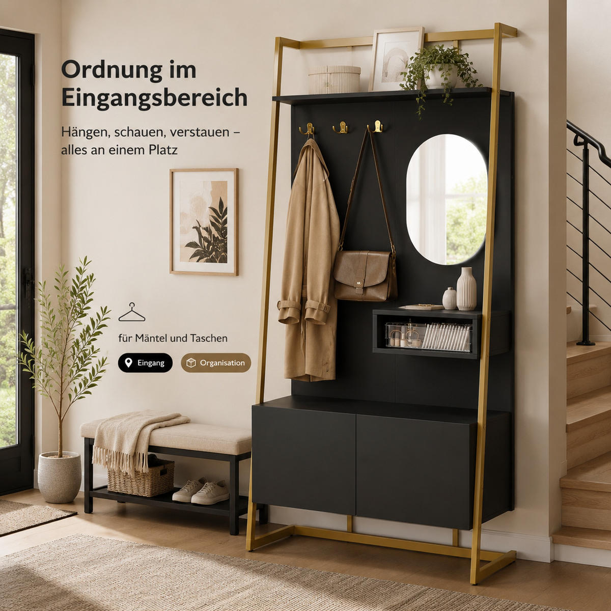 KOMPAKTGARDEROBE 78/38,5/180,5 cm aus Holzwerkstoff und Metall mit Spiegel und Schuhschrank Schwarz - Schwarz, Holzwerkstoff (78/180.5/38.5cm) - Modenvie