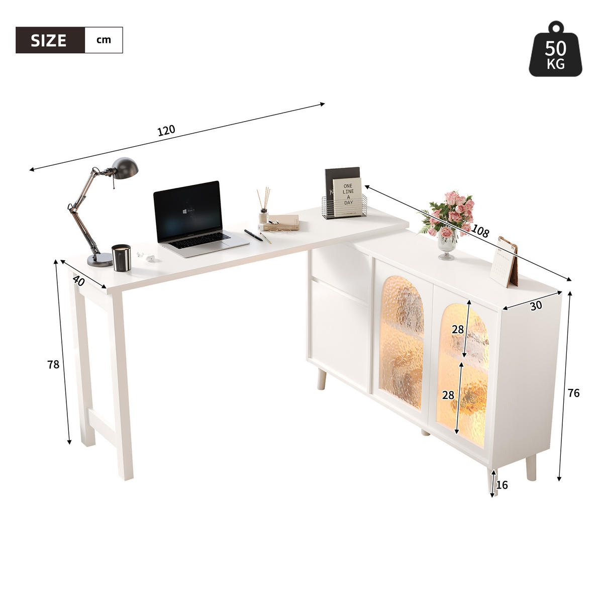 BÜROTISCH Weißer mit Stauraum und Vitrine - Weiß, Glas/Holzwerkstoff (40/120/70cm) - Urban Meuble