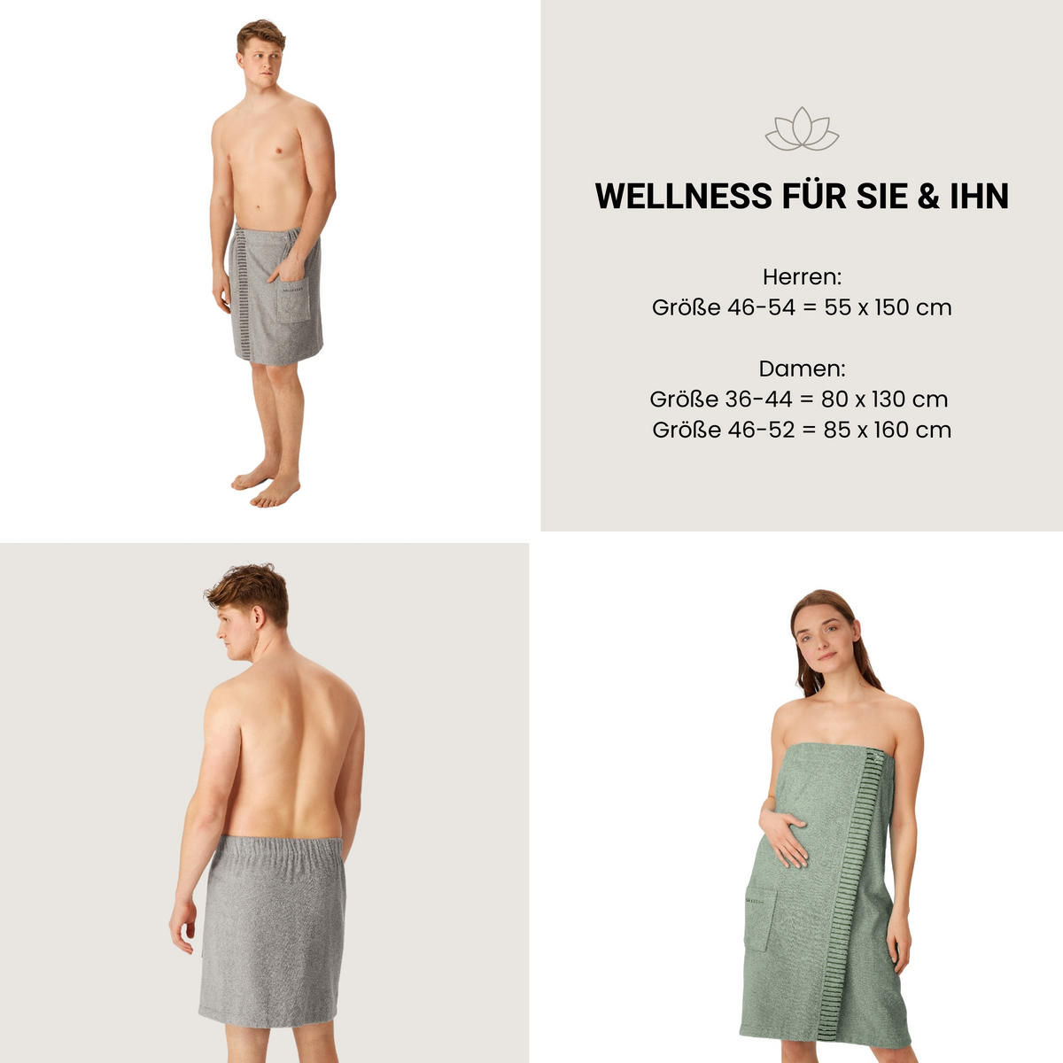 SAUNAKILT Rom Herren - 46-54 - Hellgrau - Hellgrau, Textil (55/150cm) - SCHIESSER