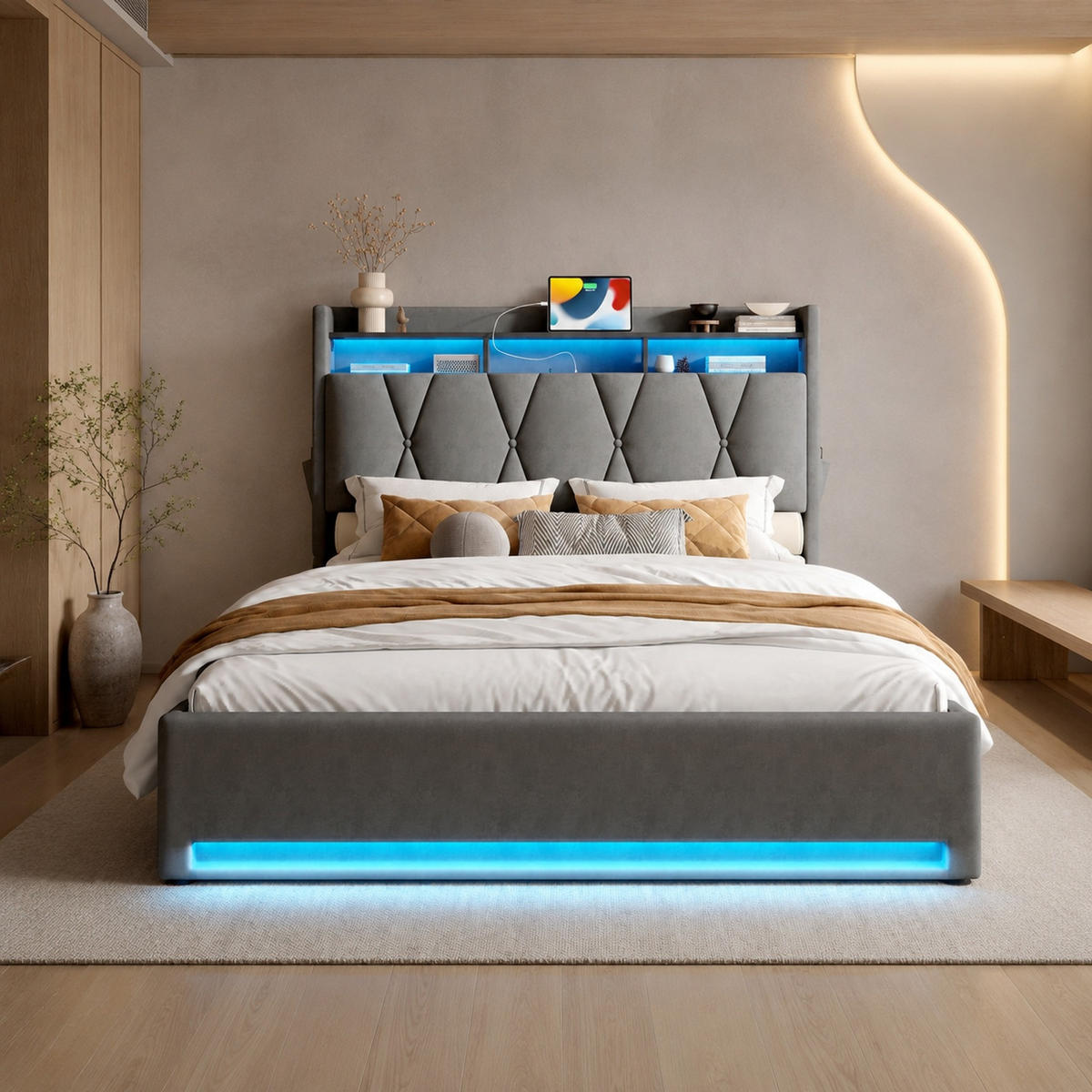 POLSTERBETT 140/200 mit Bettkasten, LED, USB, Type-C und Kopfteilregal in Grau - Grau, Holzwerkstoff/Textil (140/200cm) - EVRYAE
